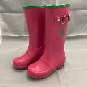 POLO Ralph Lauren Pink Rain Boots with Green Accents, Toddler Size 8